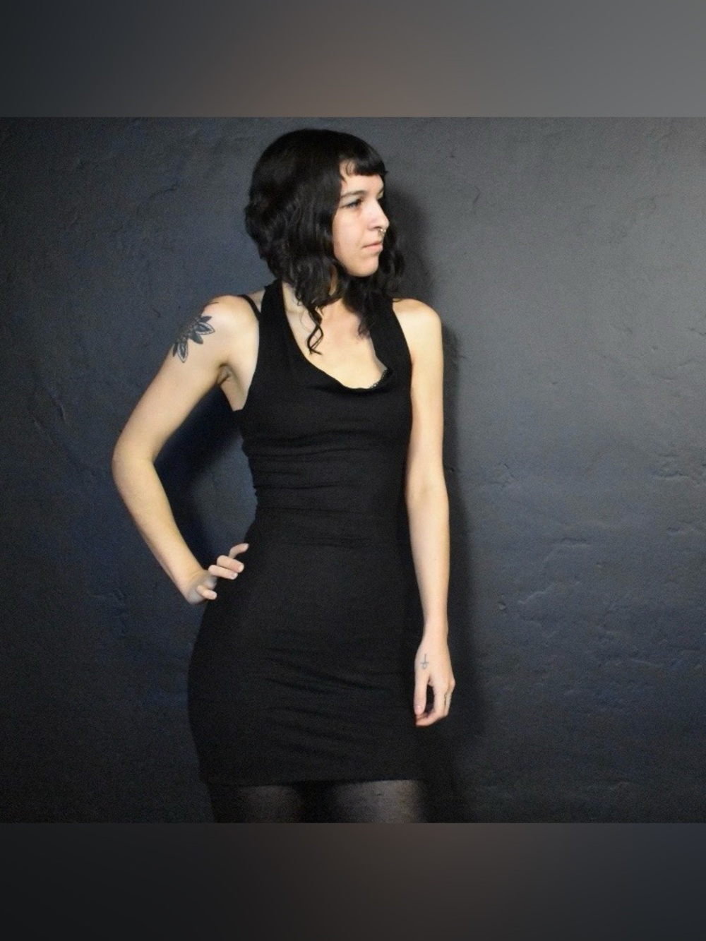 Black Long Tank Mini Dress with cowl neck and racerback, Rivetted, handmade, S